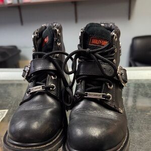 Harley-Davidson Black Lace-Up Leather Biker Boots with Buckles